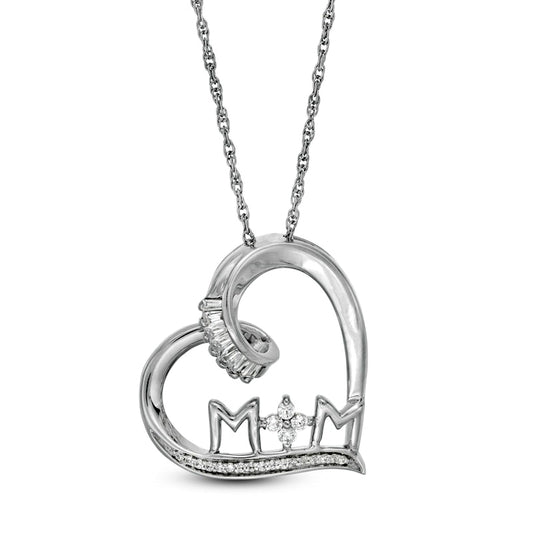 0.17 CT. T.W. Baguette and Round Natural Diamond "MOM" Tilted Heart Pendant in Sterling Silver