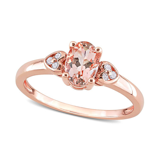 Oval Morganite and 0.05 CT. T.W. Natural Diamond Trio Heart-Sides Ring in Sterling Silver with Rose Rhodium