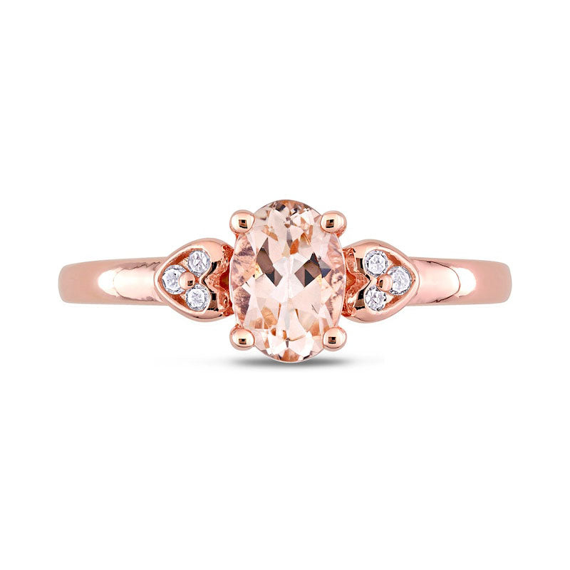 Oval Morganite and 0.05 CT. T.W. Natural Diamond Trio Heart-Sides Ring in Sterling Silver with Rose Rhodium