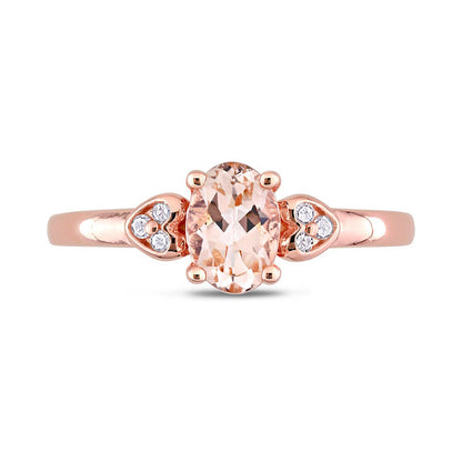 Oval Morganite and 0.05 CT. T.W. Natural Diamond Trio Heart-Sides Ring in Sterling Silver with Rose Rhodium