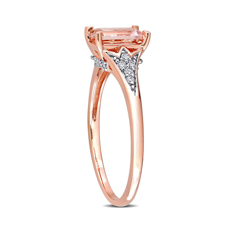 Emerald-Cut Morganite and 0.10 CT. T.W. Natural Diamond Floral Shank Ring in Solid 10K Rose Gold