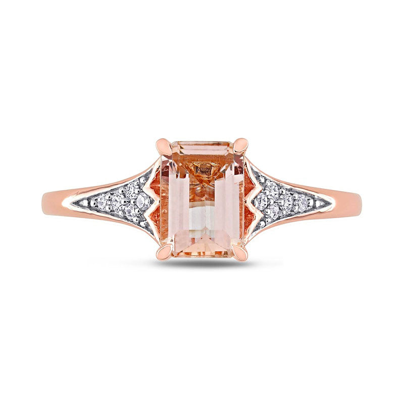 Emerald-Cut Morganite and 0.10 CT. T.W. Natural Diamond Floral Shank Ring in Solid 10K Rose Gold