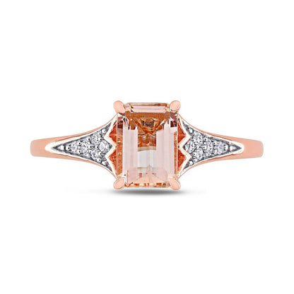 Emerald-Cut Morganite and 0.10 CT. T.W. Natural Diamond Floral Shank Ring in Solid 10K Rose Gold