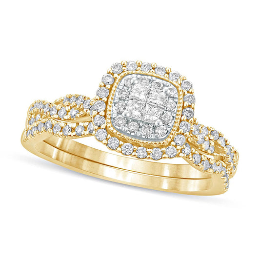 0.50 CT. T.W. Princess-Cut Quad Natural Diamond Frame Twist Shank Bridal Engagement Ring Set in Solid 10K Yellow Gold
