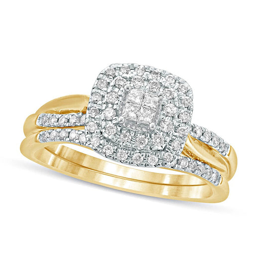 0.38 CT. T.W. Princess-Cut Quad Natural Diamond Cushion Frame Bridal Engagement Ring Set in Solid 10K Yellow Gold