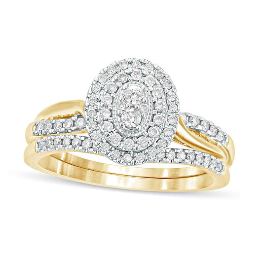 0.38 CT. T.W. Composite Natural Diamond Oval Double Frame Twist Shank Bridal Engagement Ring Set in Solid 10K Yellow Gold