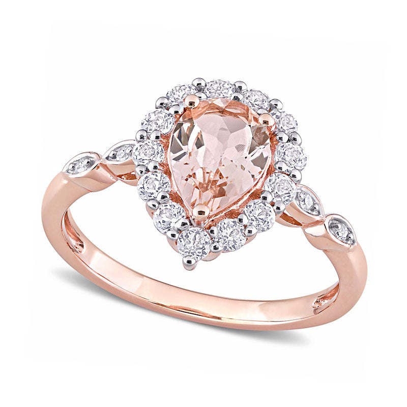 Pear-Shaped Morganite, White Topaz and Natural Diamond Accent Frame Double Leaf-Sides Ring in Solid 10K Rose Gold
