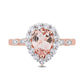 Pear-Shaped Morganite, White Topaz and Natural Diamond Accent Frame Double Leaf-Sides Ring in Solid 10K Rose Gold