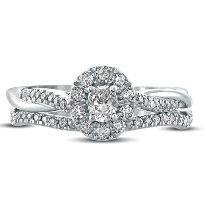 0.50 CT. T.W. Oval Natural Diamond Frame Twist Shank Bridal Engagement Ring Set in Solid 10K White Gold