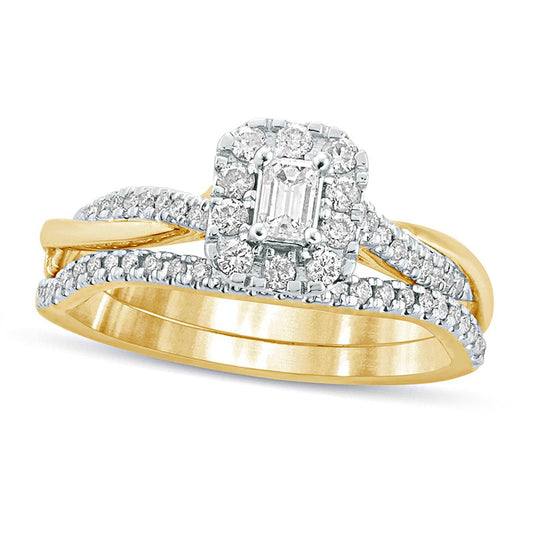 0.50 CT. T.W. Emerald-Cut Natural Diamond Frame Twist Shank Bridal Engagement Ring Set in Solid 10K Yellow Gold