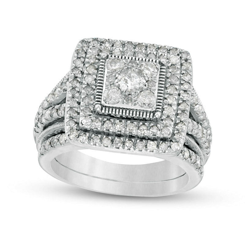 1.25 CT. T.W. Composite Princess Natural Diamond Frame Antique Vintage-Style Bridal Engagement Ring Set in Solid 10K White Gold