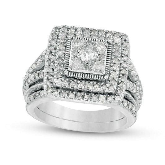 1.25 CT. T.W. Composite Princess Natural Diamond Frame Antique Vintage-Style Bridal Engagement Ring Set in Solid 10K White Gold