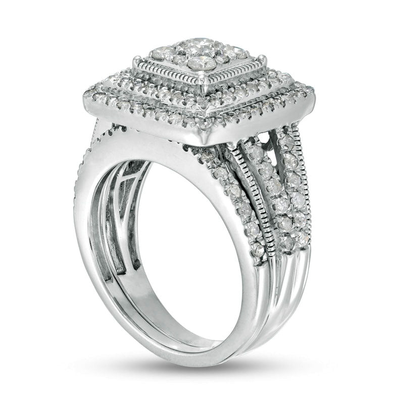 1.25 CT. T.W. Composite Princess Natural Diamond Frame Antique Vintage-Style Bridal Engagement Ring Set in Solid 10K White Gold