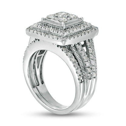 1.25 CT. T.W. Composite Princess Natural Diamond Frame Antique Vintage-Style Bridal Engagement Ring Set in Solid 10K White Gold
