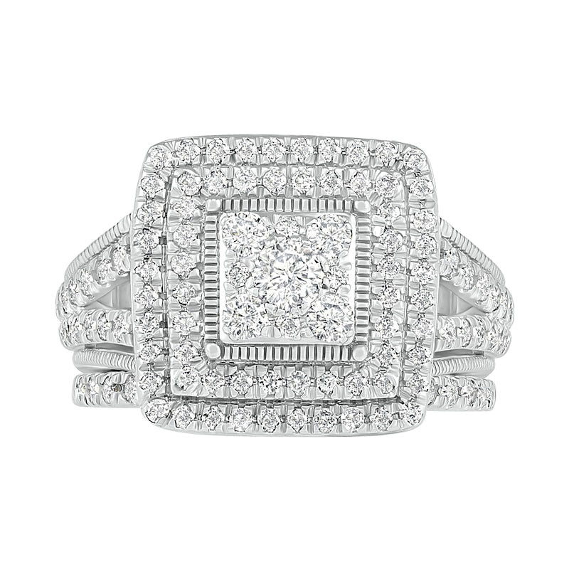 1.25 CT. T.W. Composite Princess Natural Diamond Frame Antique Vintage-Style Bridal Engagement Ring Set in Solid 10K White Gold
