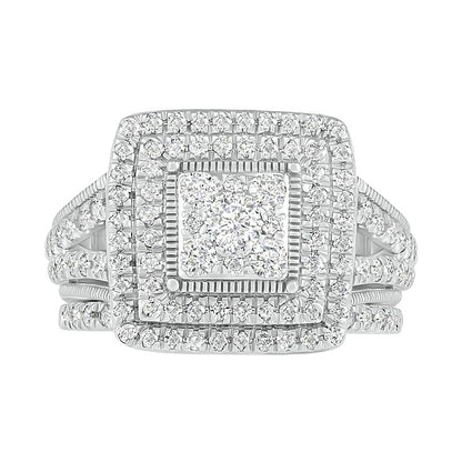 1.25 CT. T.W. Composite Princess Natural Diamond Frame Antique Vintage-Style Bridal Engagement Ring Set in Solid 10K White Gold