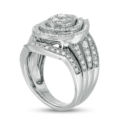 1.25 CT. T.W. Composite Pear Natural Diamond Frame Multi-Row Antique Vintage-Style Bridal Engagement Ring Set in Solid 10K White Gold