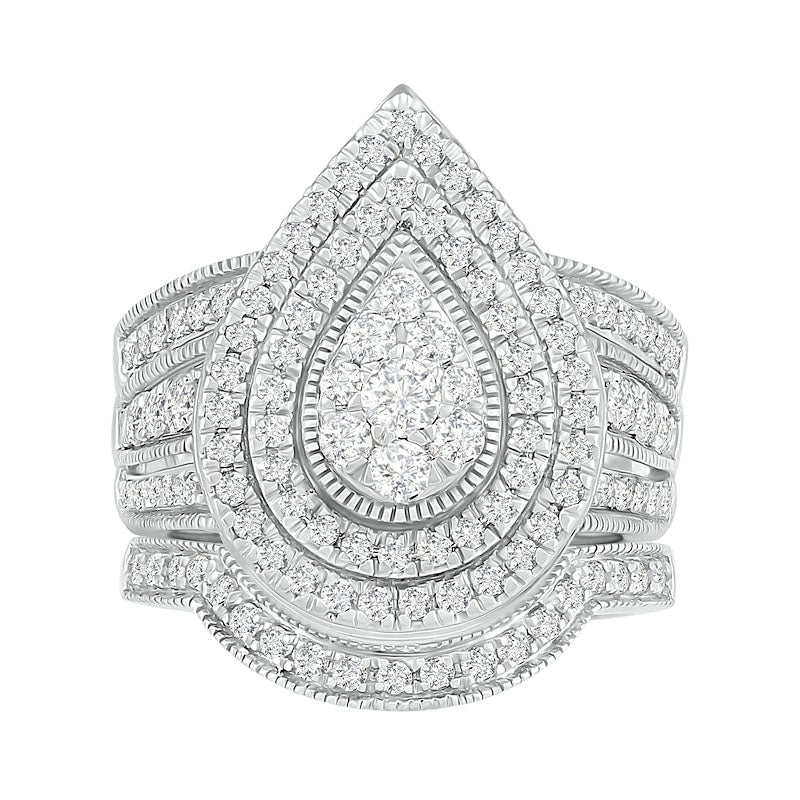 1.25 CT. T.W. Composite Pear Natural Diamond Frame Multi-Row Antique Vintage-Style Bridal Engagement Ring Set in Solid 10K White Gold