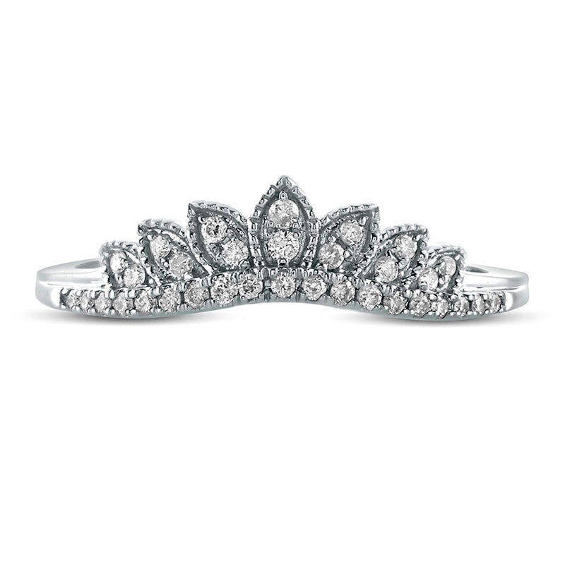 0.17 CT. T.W. Natural Diamond Leaf Crown Contour Antique Vintage-Style Wedding Band in Solid 10K White Gold