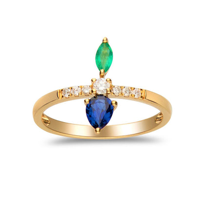 Emerald, Blue Sapphire and 0.10 CT. T.W. Natural Diamond North/South Ring in Solid 14K Gold