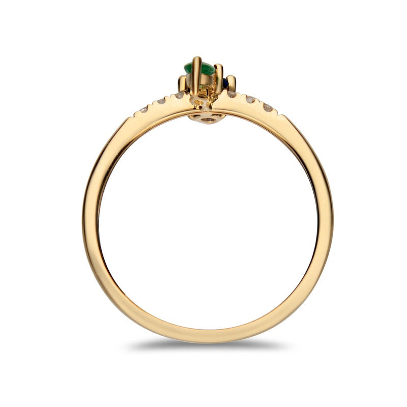 Emerald, Blue Sapphire and 0.10 CT. T.W. Natural Diamond North/South Ring in Solid 14K Gold