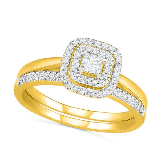 0.38 CT. T.W. Princess-Cut Natural Diamond Double Cushion Frame Bridal Engagement Ring Set in Solid 10K Yellow Gold