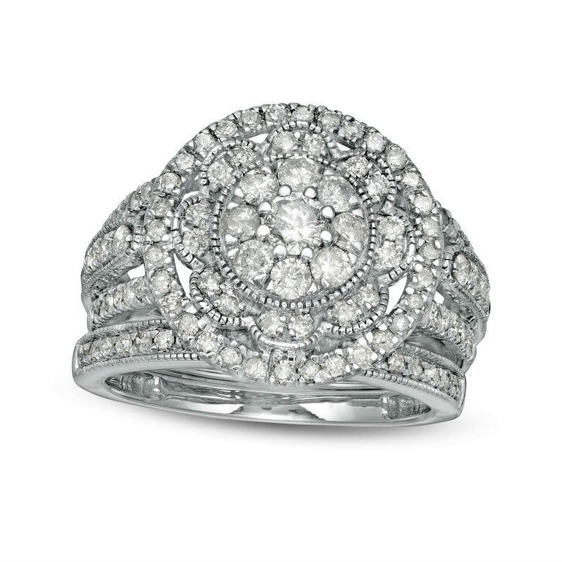 1.25 CT. T.W. Composite Natural Diamond Multi-Row Antique Vintage-Style Bridal Engagement Ring Set in Solid 10K White Gold