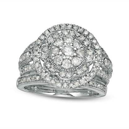 1.25 CT. T.W. Composite Natural Diamond Multi-Row Antique Vintage-Style Bridal Engagement Ring Set in Solid 10K White Gold