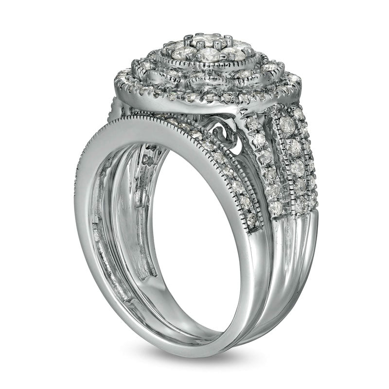 1.25 CT. T.W. Composite Natural Diamond Multi-Row Antique Vintage-Style Bridal Engagement Ring Set in Solid 10K White Gold