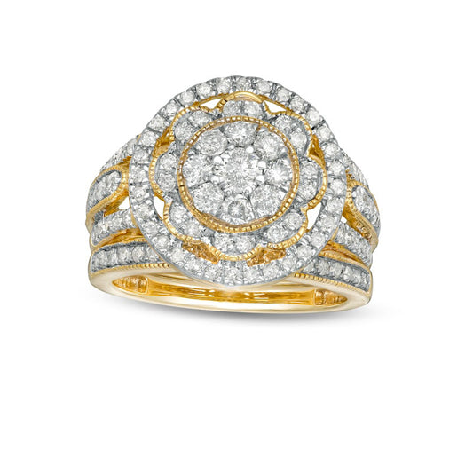 1.25 CT. T.W. Composite Natural Diamond Multi-Row Antique Vintage-Style Bridal Engagement Ring Set in Solid 10K Yellow Gold