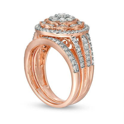 1.25 CT. T.W. Composite Natural Diamond Multi-Row Antique Vintage-Style Bridal Engagement Ring Set in Solid 10K Rose Gold