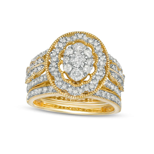 1.25 CT. T.W. Composite Oval Natural Diamond Scallop Frame Antique Vintage-Style Bridal Engagement Ring Set in Solid 10K Yellow Gold