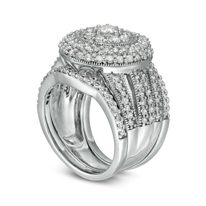 2.25 CT. T.W. Composite Natural Diamond Multi-Row Antique Vintage-Style Three Piece Bridal Engagement Ring Set in Solid 10K White Gold