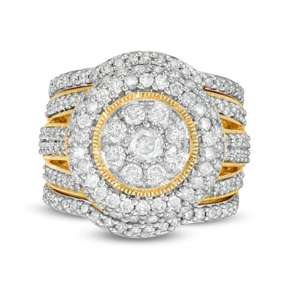 2.25 CT. T.W. Composite Natural Diamond Multi-Row Antique Vintage-Style Three Piece Bridal Engagement Ring Set in Solid 10K Yellow Gold