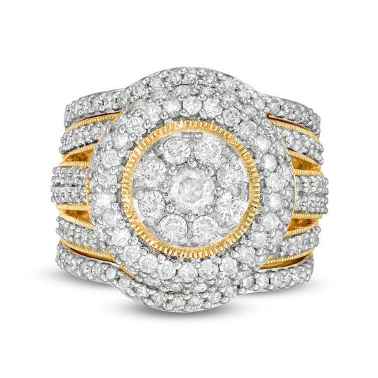 2.25 CT. T.W. Composite Natural Diamond Multi-Row Antique Vintage-Style Three Piece Bridal Engagement Ring Set in Solid 10K Yellow Gold