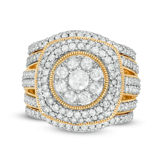 2.25 CT. T.W. Composite Natural Diamond Cushion Frame Multi-Row Antique Vintage-Style Three Piece Bridal Engagement Ring Set in Solid 10K Yellow Gold