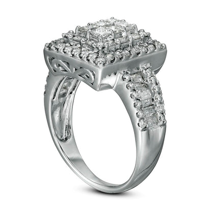 1.5 CT. T.W. Princess-Cut Natural Diamond Frame Multi-Row Engagement Ring in Solid 10K White Gold