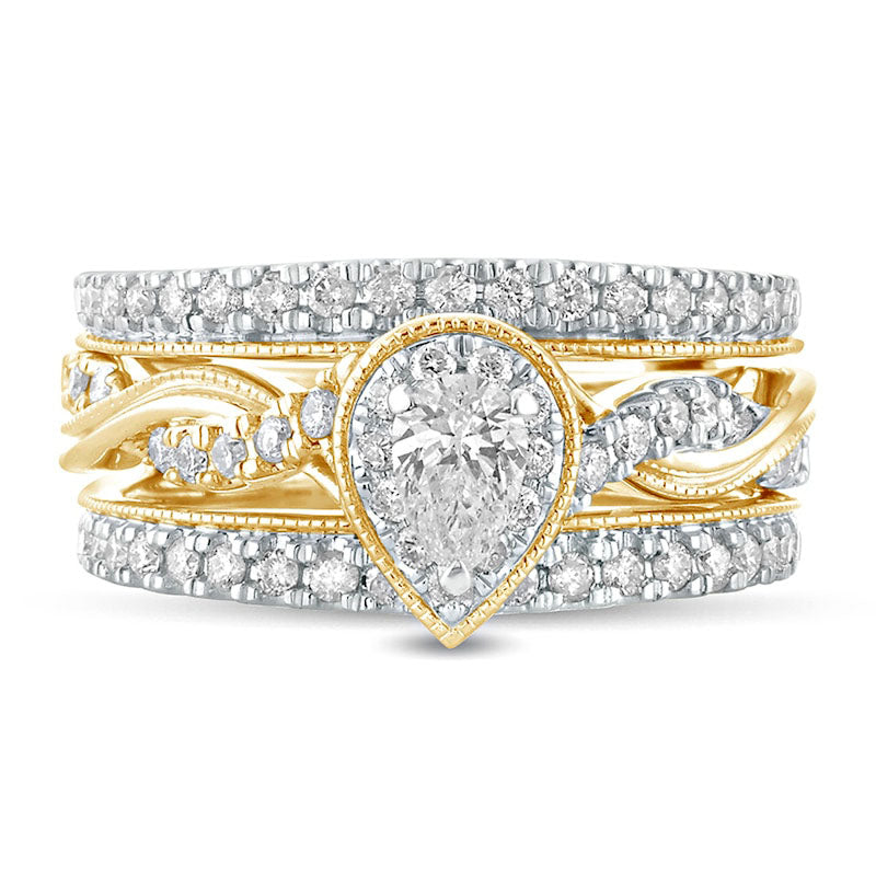 1.0 CT. T.W. Pear-Shaped Natural Diamond Frame Twist Shank Antique Vintage-Style Bridal Engagement Ring Set in Solid 14K Gold