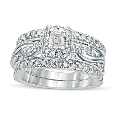1.0 CT. T.W. Emerald-Cut Natural Diamond Frame Twist Shank Antique Vintage-Style Bridal Engagement Ring Set in Solid 14K White Gold