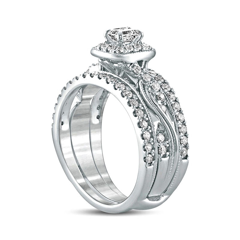 1.0 CT. T.W. Emerald-Cut Natural Diamond Frame Twist Shank Antique Vintage-Style Bridal Engagement Ring Set in Solid 14K White Gold