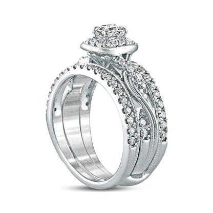1.0 CT. T.W. Emerald-Cut Natural Diamond Frame Twist Shank Antique Vintage-Style Bridal Engagement Ring Set in Solid 14K White Gold