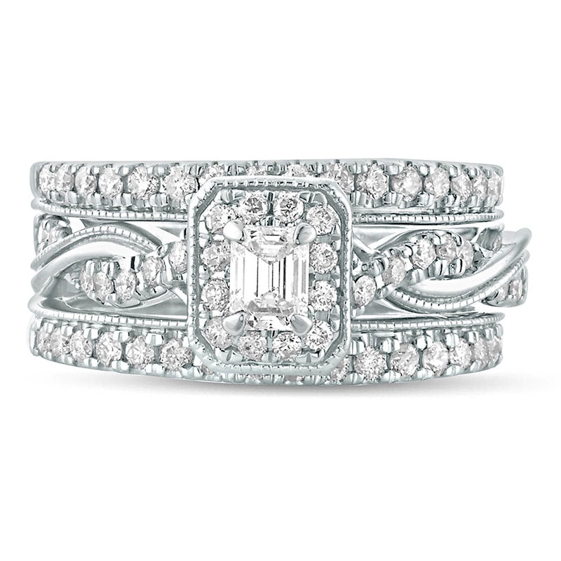 1.0 CT. T.W. Emerald-Cut Natural Diamond Frame Twist Shank Antique Vintage-Style Bridal Engagement Ring Set in Solid 14K White Gold