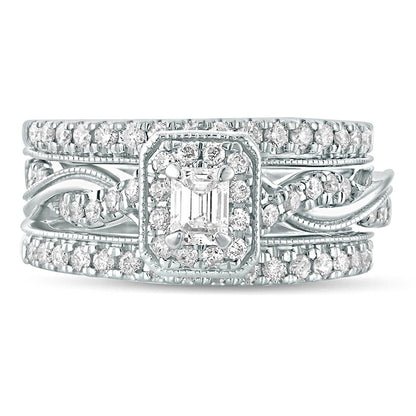 1.0 CT. T.W. Emerald-Cut Natural Diamond Frame Twist Shank Antique Vintage-Style Bridal Engagement Ring Set in Solid 14K White Gold