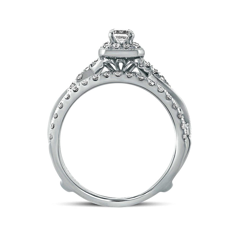 1.0 CT. T.W. Emerald-Cut Natural Diamond Frame Twist Shank Antique Vintage-Style Bridal Engagement Ring Set in Solid 14K White Gold
