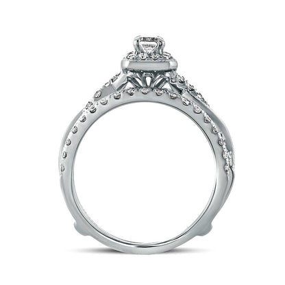 1.0 CT. T.W. Emerald-Cut Natural Diamond Frame Twist Shank Antique Vintage-Style Bridal Engagement Ring Set in Solid 14K White Gold