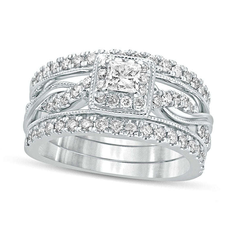 1.0 CT. T.W. Princess-Cut Natural Diamond Frame Twist Shank Antique Vintage-Style Bridal Engagement Ring Set in Solid 14K White Gold