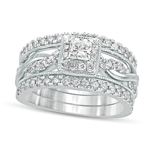 1.0 CT. T.W. Princess-Cut Natural Diamond Frame Twist Shank Antique Vintage-Style Bridal Engagement Ring Set in Solid 14K White Gold