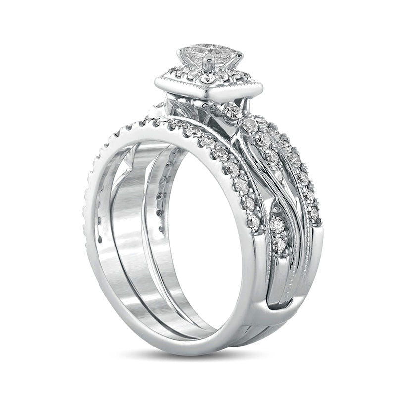 1.0 CT. T.W. Princess-Cut Natural Diamond Frame Twist Shank Antique Vintage-Style Bridal Engagement Ring Set in Solid 14K White Gold