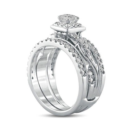 1.0 CT. T.W. Princess-Cut Natural Diamond Frame Twist Shank Antique Vintage-Style Bridal Engagement Ring Set in Solid 14K White Gold