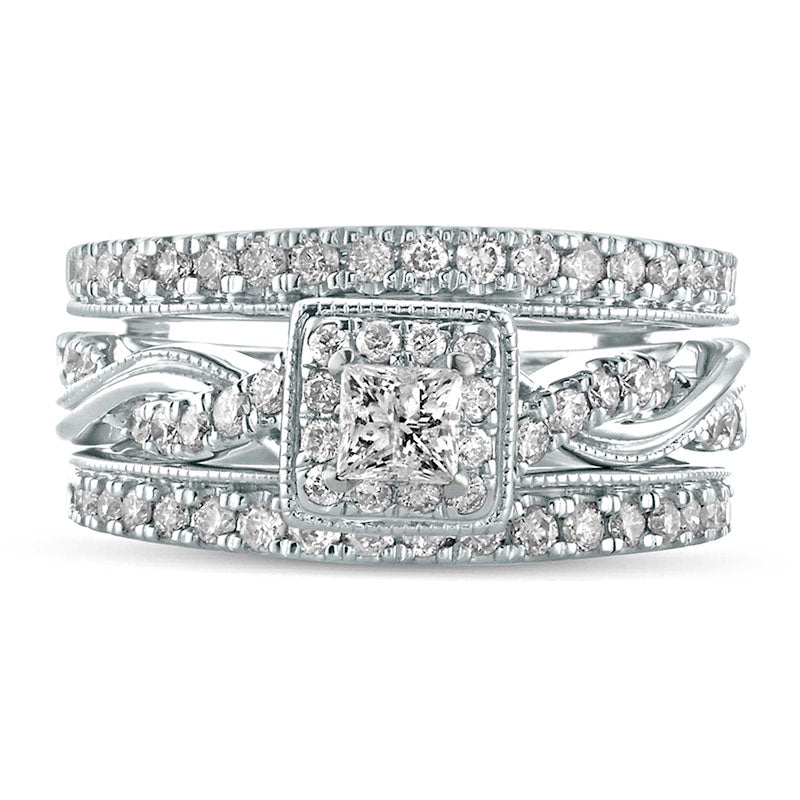 1.0 CT. T.W. Princess-Cut Natural Diamond Frame Twist Shank Antique Vintage-Style Bridal Engagement Ring Set in Solid 14K White Gold